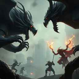 hyperrealism fantasy creatures fight scene with characters from league of legends portrait, digital art, wallpaper of an fantasy fight, background of sci fi city in fog, diffused lighting, 8 k dop hdr