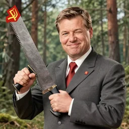 soviet propaganda poster of viktor orban winking with a handsaw, forest in background