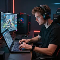 realistic man using laptop in gaming room, artstation trends, sci fi concept art, highly detailed, intricate, sharp focus, digital art, 8 k
