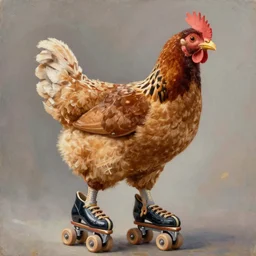 a hen riding on small rollerskates, photorealistic, oil on canvas, talented, training on artstation, highly detailed