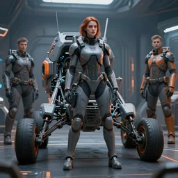 girl in the sci - fi heavy suite, gray and orange colours, landing gear, avatar, cinematic keyframe. by fausto de martini, alex senecha, wadim kashin. ultra realistic, cinematic light, ue 5, featured on artstation, octane render, sharp focus, ray tracing, artstationhq, cgsociety, cinematic 8 k
