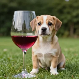 dog with a big beautiful glass of wine