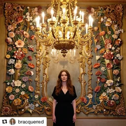 a woman standing in front of a chandelier, a flemish baroque by marie bracquemond, instagram, art nouveau, made of flowers, ornate, maximalist
