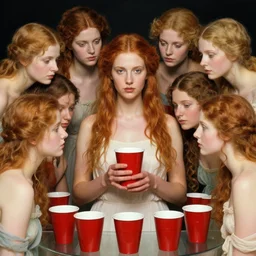 the goddess of red solo cups surrounded by a court of nymphs, by tom bagshaw peter kemp, beautiful highly symmetric faces