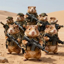 highly detailed image of a tactical squad of hamsters dressed in tactical gear holding rifles, in a desert, stephen bliss, unreal engine, fantasy art by greg rutkowski, global illumination, detailed and intricate environment