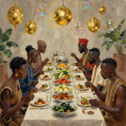 dark skinned people eating at a regal buffet ultra detailed beautiful setting elegant event nigerian party minimalist gold ornaments iridescent lighting in the style of edward hooper and henri matisse oil painting