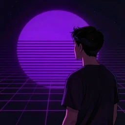 man looking at the outrun purple sun, synthwave, 8 0 s, high details, dark
