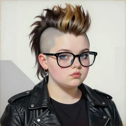 a chubby young goth girl an asymmetrical ombre mohawk wearing oversized euro glasses and a leather jacket. high key, anaglyph lighting, detailed character design, melancholic flat bauhaus geometric minimalism by oskar schlemmer, moebius, nagel, john berkey, oil on canvas, portrait facial head, featured on artstation, hd wallpaper, anime art nouveau