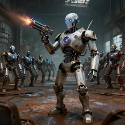 robot mad scientist and a robot army in the background, in a huge rusty warehouse, raygun gothic, atomic punk, digital art, octane render, 4 k, 8 k, 3 2 k uhd