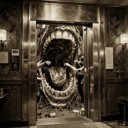 horrifying action scene sepia painting of a 1 9 2 0 s hotel elevator looking like a giant monstrous mouth, h. p. lovecraft, atmospheric lighting, brooding, painted, intricate, ultra detailed, well composed, best on artstation, cgsociety, epic, horror, stunning, gorgeous, intricate detail, much wow, masterpiece, cinematic aesthetic octane render, 8 k hd resolution,