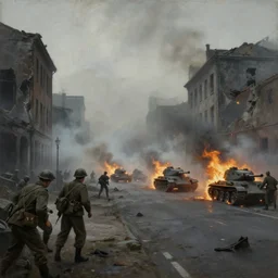 a painting of jeremy mann, street view of a world war ii skirmish between army soldiers, battle tanks burning from afar, 1 9 4 0 buildings damaged, action shot, dramatic vignette, dramatic lighting, dreamy, misty, desaturated, ominous, unsettling