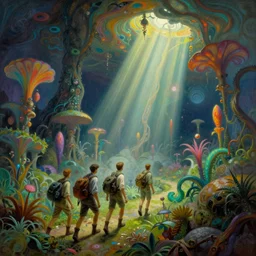 explorers traversing an exotic alien landscape, god rays, verdant rainbow flora, eerie, by thomas kinkade, conrad roset, ruan jia, bouguereau, mucha,