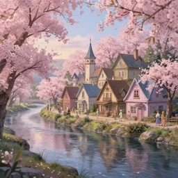 a magical vintage village on the river | cherry - blossoms | highly detailed | very intricate | serene romantic fantasy whimsical magical | professional cinematic lighting | bokeh | dusk | studio ghibli | award - winning | matte painting by anton fadeev and paul lehr and rhads and alena aenami | pastel color palette | featured on artstation