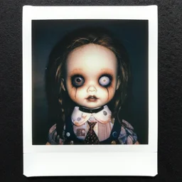 A highly detailed head and shoulders masterpiece color polaroid of a doll horror, scary, terrifying, horrific