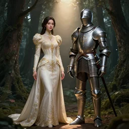 female standing in a forest and a male knight standing next to her, 8 k, spotlight, cinematic lighting, global illumination, ambient occlusion, insanely detailed and intricate, hypermaximalist, elegant, ornate, hyper realistic, super detailed, by lee man fong, by pebble tay, by richard dadd, by wlop