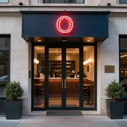 a 9 0 s bar entrance with neon logo, hyper realistic,