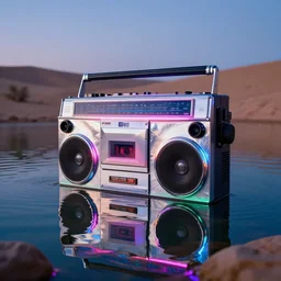 4 k polaroid wide angle photo of a glowing giant steel shiny reflective boombox speaker, half submerged in water, in a desert oasis lake, at dusk, with neon lighting