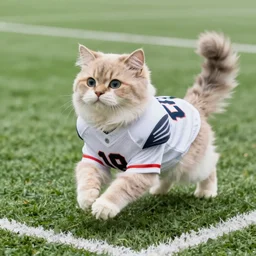 A fluffy cat in a football uniform runs on two legs on the football field
