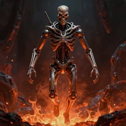 hyperrealistic mixed media painting of a humanoid terminator floating in lava, stunning 3d render + perfect body symmetry + dim volumetric lighting, 8k octane beautifully detailed render, post-processing, extremely hyperdetailed, intricate futuristic mechanic parts, epic composition, grim yet sparkling atmosphere, cinematic lighting + masterpiece, trending on artstation