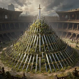 a hill made of swords, in an arena, fantasy, digital art, by artgerm and greg rutkowski