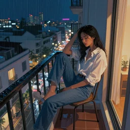 a beautiful artwork of a woman in jeans and a white shirt sitting on the balcony of a hotel at night, top view, neon and rainy theme atmosphere by Jerome Opeña, featured on artstation