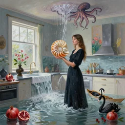 tall female artist holding a nautilus in her flooded kitchen, pomegranates, window, octopus, water gushing from ceiling, painting of flood waters inside an artist's apartment, a river flooding indoors, ikebana, zen, rapids, waterfall, black swans, canoe, berries, acrylic on canvas, surrealist, by magritte and monet