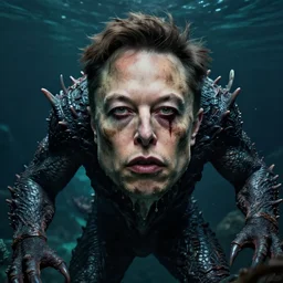 a scary sea monster with the facial features of elon musk, photorealistic, cinematic lighting, highly detailed, very intricate, by hr giger