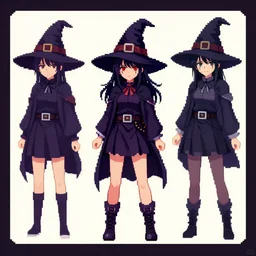 ( pixel art super nintendo ) 3 6 0 character design sheet of a witch, gapmoe yandere grimdark, trending on pixiv fanbox, painted by ilya kushinov makoto shinkai takashi takeuchi studio ghibli, akihiko yoshida, left to right, artstation sheet