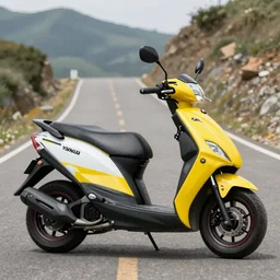 yamaha dio with yellow, carbon and white paintjob, mountainroad background, midday, 5 0 ccm engine, race style, custom scooter, dslr, 8 5 mm, f / 1. 3