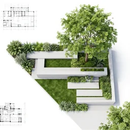 overhead plans contemporary rectanguar minimal landscape garden, planting, tree, in the style of frank lloyd wright inspiration.