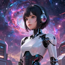 makoto shinkai. robotic android girl. futuristic cyberpunk. dystopia. vibrant nebula sky. r