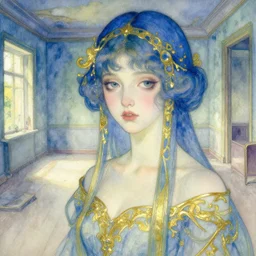 close up of a girl in a blue and gold haunted liminal abandoned room, watercolor by victo ngai, by hammershøi, art noveau, highly detailed, lights by edward hopper, liminal, eerie, bright pastel colors