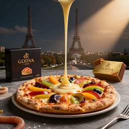 large amount of melted sauce on the so delicious fruits pizza cake hamburger on the table, beacons, worm dynamic lighting, cinematic tone, pierre herme paris, godiva products photo