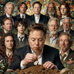 elon musk eating dirt, highly detailed vfx portrait, unreal engine, greg rutkowski, loish, rhads, caspar david friedrich, makoto shinkai and lois van baarle, ilya kuvshinov, rossdraws, elegent, tom bagshaw, alphonse mucha, global illumination, detailed and intricate environment.