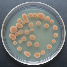 light brown bacterial colonies with defined edges growing on mueller-hinton agar culture medium in a petri dish