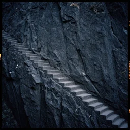 kodak portra 4 0 0, photographic and realistic vast staircase carved into black rock cliff side, photorealistic, hyper detailed, 8 k, movie still, artstation, unreal engine,