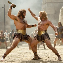 Hercules fighting with Perseus, Greek setting, photo realistic, movie scene