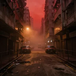 dirty, dark, streets of Hong kong, a creepy orange mist through the streets, blood red colored sky, debris on the floor, cinematic lighting