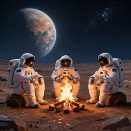 Three astronauts sitting around a campfire on a desolate planet, digital art, 4k, ArtStation, epic composition, unreal engine