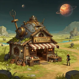 outside a general store, in a small remote outpost, on a remote planet, steampunk style, from a point and click 2 d graphic adventure game, set design inspired slightly by hg giger and tomb raider, art inspired by [ [ thomas kinkade ] ] and [ mark keathley ]