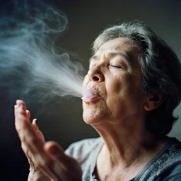 analog photographic portrait with 5 0 mm lens and f / 1 2. 0 of a 8 0 years old woman woman with her eyes closed and spurting from her mouth a white viscous fluid floating in the air. with a slight variation of light in the liquid and gesture.