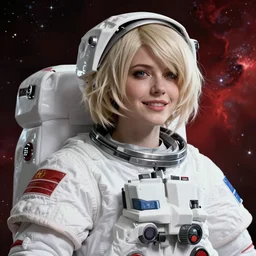 highly detailed portrait of a hopeful pretty astronaut lady with a wavy blonde hair, by Chris Uminga, 4k resolution, nier:automata inspired, bravely default inspired, vibrant but dreary but upflifting red, black and white color scheme!!! ((Space nebula background))