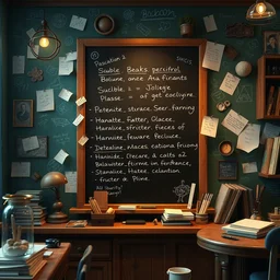 a blackboard full of notes like a detective case by studio ghibli, nicoletta ceccoli, mark ryden, lostfish, max fleischer, detailed and intricate environment, bloom, 8 k resolution, hyperrealistic, octane render, vivid colors, bright, cheerful, detailed and intricate environment