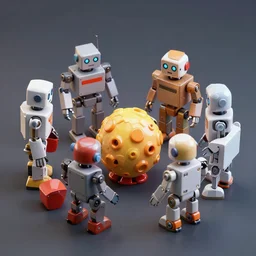 group of toy robots gathering around a peculiar object, realistic, hd, 8 k, digital rendering, unreal engine, blender, octane, maya