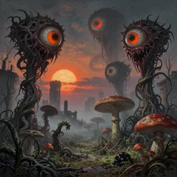 a beautiful but ominous matte painting depicting a profusion of evil carnivorous plants, twisted bony trees, bloated toadstools, skies of horrifying huge burning eyes and jagged bloody teeth and thorns, overgrowing a desolate ruins submerged in fog beneath the setting sun by karol bak and beksinski and wayne barlowe, exquisite detail, post processing, sharp focus, deep colors