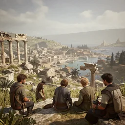 windswept vista overlooking a ancient greek piryste port town. jasmin habezai - fekri, anton fadeev, tony zhou shuo, greg rutkowski, unreal engine 5