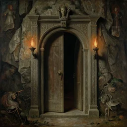 opening of an ancient door leading to demon world, cliff face, sconce torches, medieval renaissance, painting, high detailed, bleak, detailed background, tintoretto, beksinski, masanori warugai, wlop, wide shot