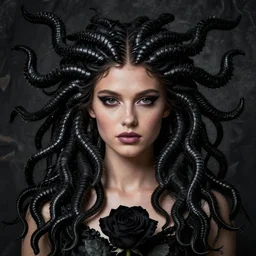 , medusa, symmetrical portrait, realistic, full body, black rose, rich detail, by wlop, stanley artgerm photo - grade