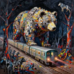 subway arriving train decay, building stone big bear shape, expressive painting, colorful, detached dreams, Ultra-Wide Angle, Long double Exposure, black night sky wolves with burned trees, paint drips and palette knife, by Jackon Pollock
