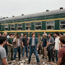 a lot of aggressive people's are standing, holding sticks and stones, a crowd of people, against the background of a dark green train, realistic, 4 k, ultra render, unreal engine